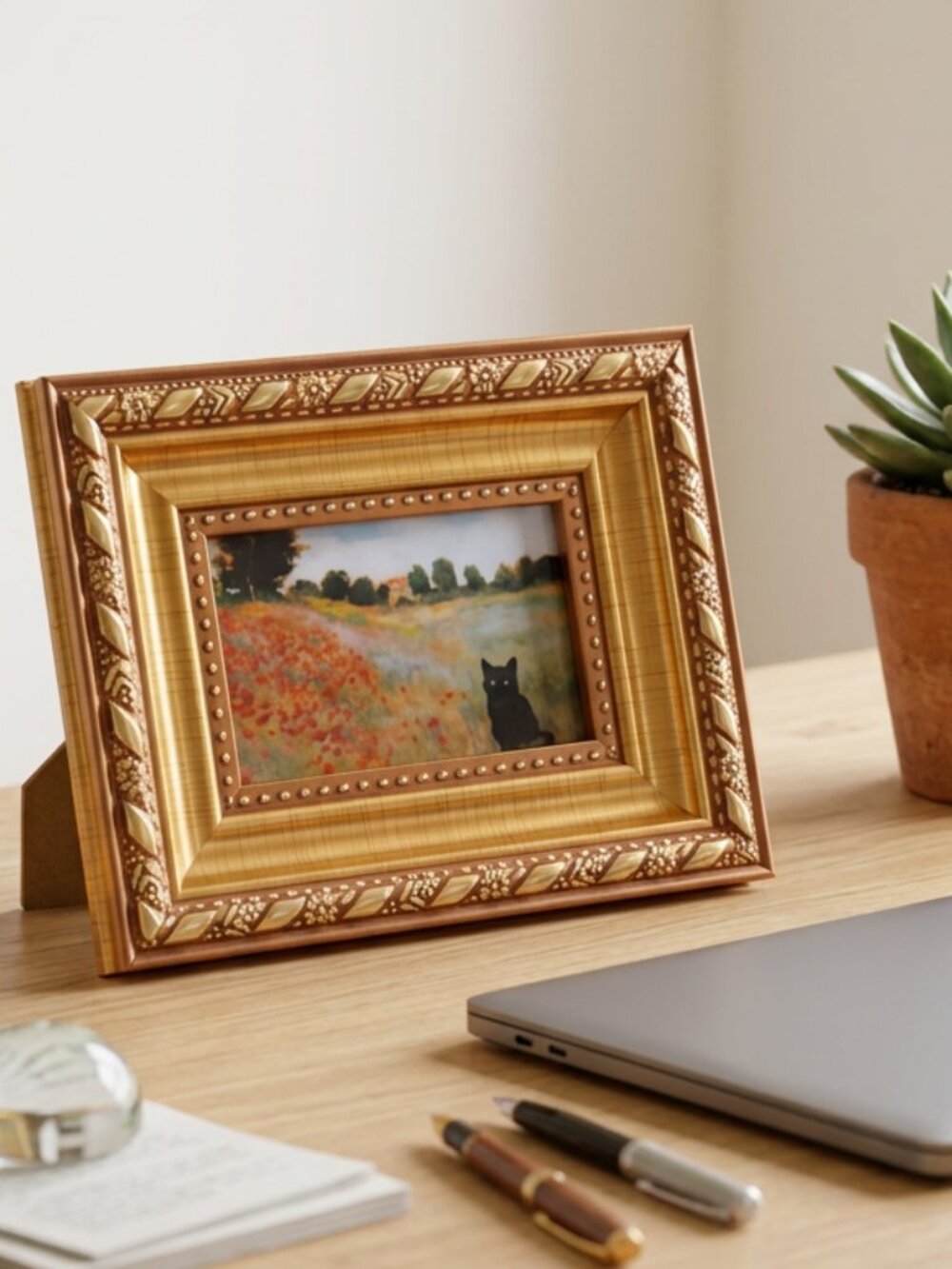 Handmade Mini Framed Print - Monet Poppy Field Black Cat 4.75x3.75"